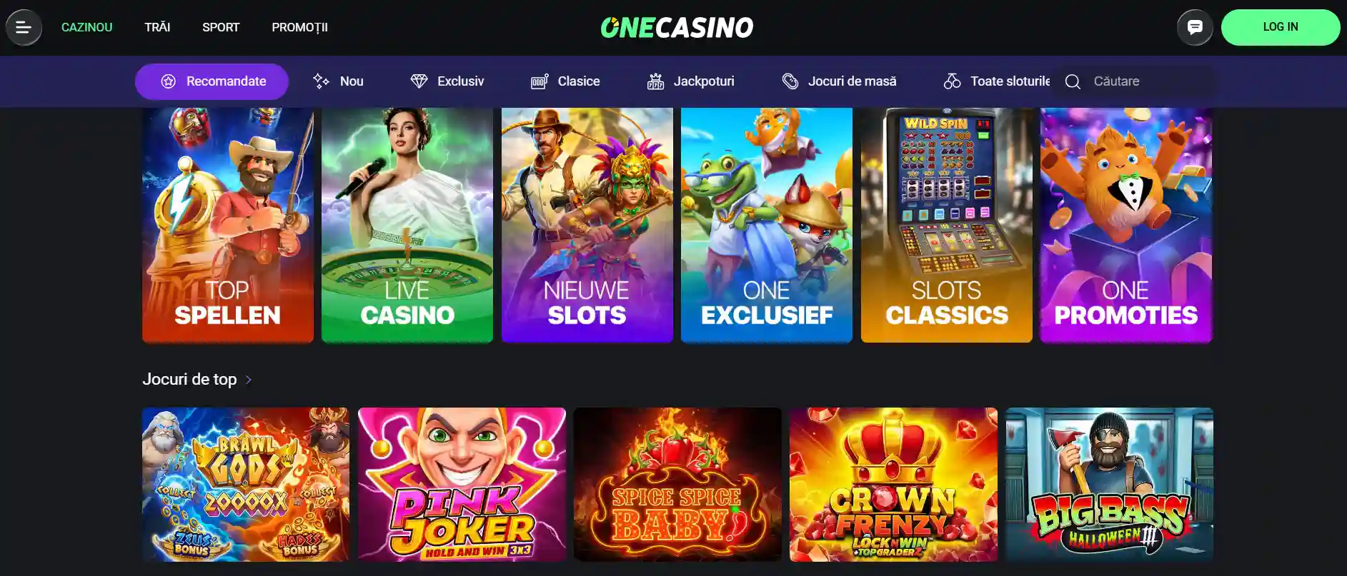 Captură de ecran a paginii One Casino, cu elementele vizibile la data capturii